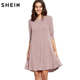 SHEIN Winter Dresses Women 2016 Burgundy Round Neck Three Quarter Length Sleeve Marled Knit Ribbed Swing Casual Shift Dress