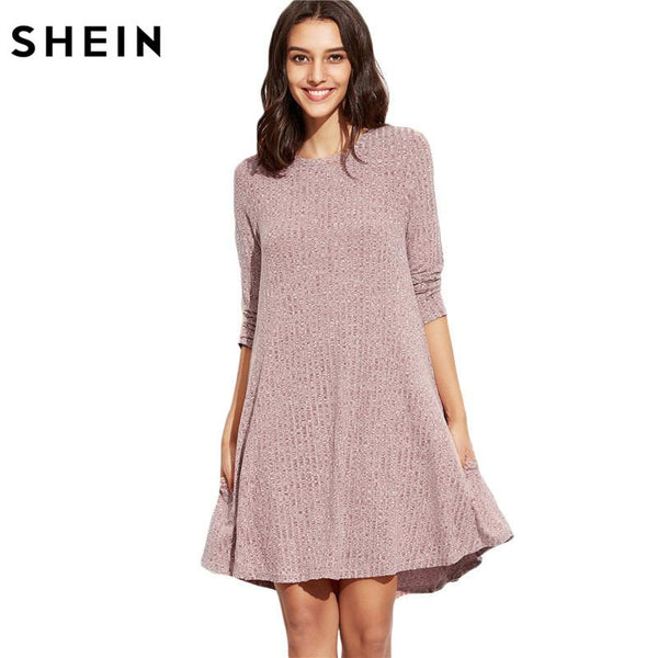 SHEIN Winter Dresses Women 2016 Burgundy Round Neck Three Quarter Length Sleeve Marled Knit Ribbed Swing Casual Shift Dress