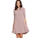 SHEIN Winter Dresses Women 2016 Burgundy Round Neck Three Quarter Length Sleeve Marled Knit Ribbed Swing Casual Shift Dress