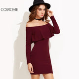 COLROVIE Long Sleeve Mini Dress Womens Autumn Winter Dresses Women Sexy Party Burgundy Off Shoulder Ruffle Bodycon Dress