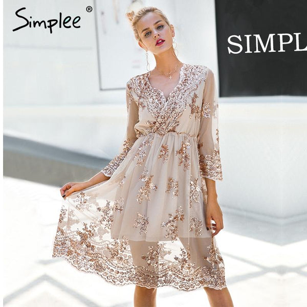 Simplee V neck long sleeve sequin party dresses women Sexy mesh streetwear casual midi dress female 2017 autumn dress vestido