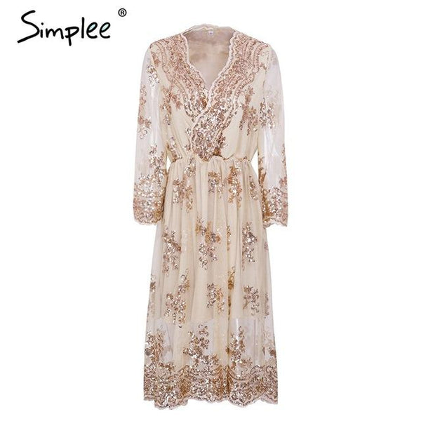 Simplee V neck long sleeve sequin party dresses women Sexy mesh streetwear casual midi dress female 2017 autumn dress vestido
