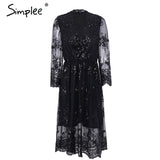 Simplee V neck long sleeve sequin party dresses women Sexy mesh streetwear casual midi dress female 2017 autumn dress vestido