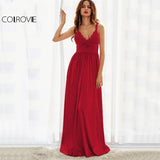 COLROVIE Triangle Lace Red Maxi Party Dress 2017 Pleated High Waist Women Slip A Line Draped Dresses Sexy Deep V Bow Back Dress