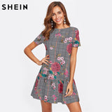 SHEIN Flower Print Plaid Smock Dress Black and White Short Sleeve Drop Waist A Line Dress Elegant Floral Dress
