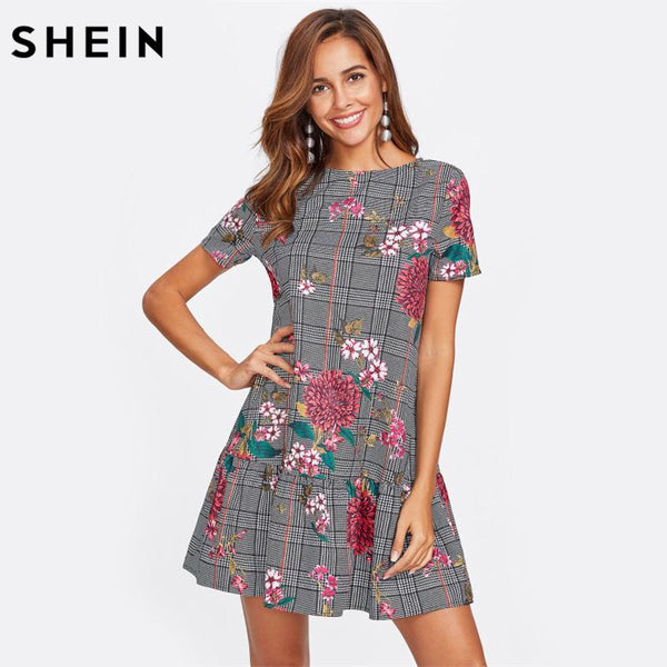 SHEIN Flower Print Plaid Smock Dress Black and White Short Sleeve Drop Waist A Line Dress Elegant Floral Dress