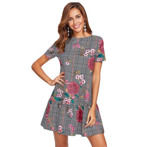 SHEIN Flower Print Plaid Smock Dress Black and White Short Sleeve Drop Waist A Line Dress Elegant Floral Dress